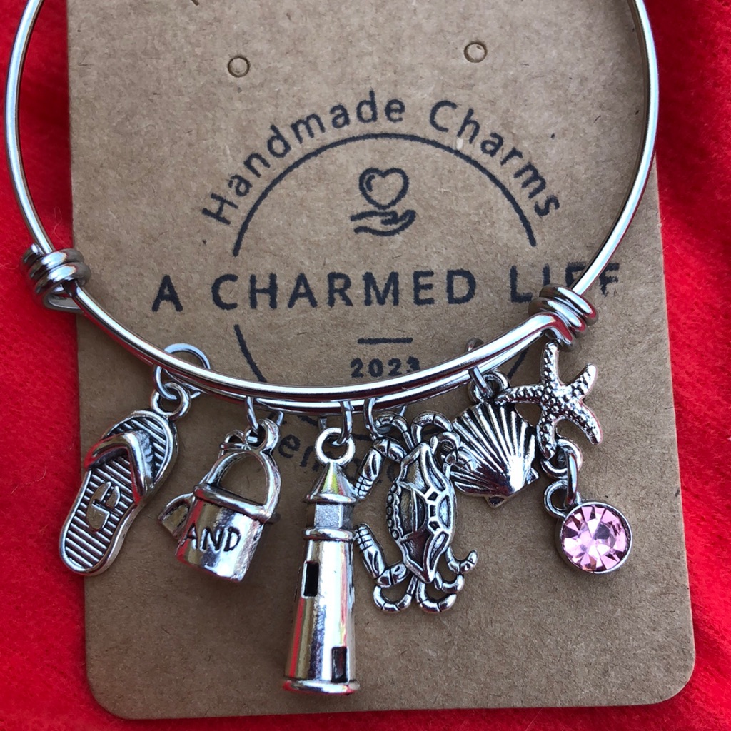 Silver Adjustable Bangle Bracelet With Beach Charms